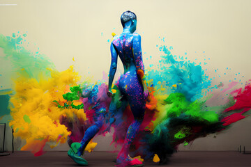 Woman immersed in a sea of colors, made by AI