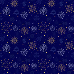 Seamless pattern with Christmas symbols in golden color. Snowflakes, fir tree, etc. Textile, packaging collection