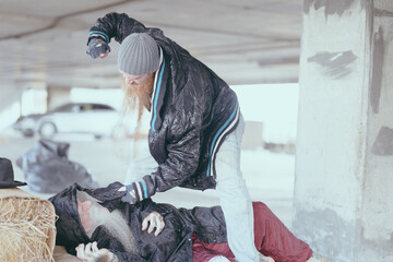 Pictures of violence, homeless people arguing over food., homeless poor people and depression concepts.