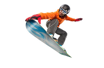 Snowboarder jumping through air with isolated background. Winter Sport transparent background.  - obrazy, fototapety, plakaty