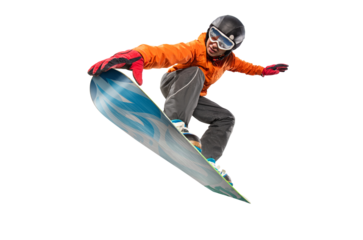 Snowboarder jumping through air with isolated background. Winter Sport transparent background. 