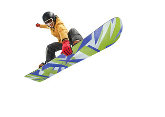 Snowboarder jumping through air with isolated background. Winter Sport transparent background. 