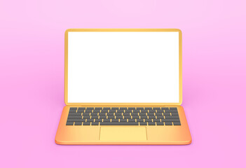 Golden laptop with blank screen isolated on purple background. Clipping path included
