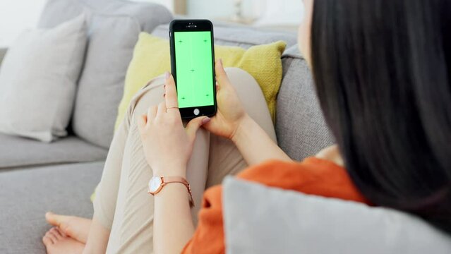 Smartphone mockup, sofa woman and green screen, digital marketing and brand advertising space in house. Young girl, blank cellphone tracking and social media, streaming network and mobile app online