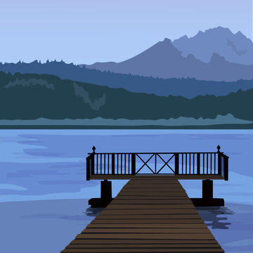 Nature scene landscape with lake, wooden bridge, hills, mountains. Vector illustration