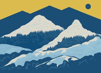 An illustration of snowy alpine mountains