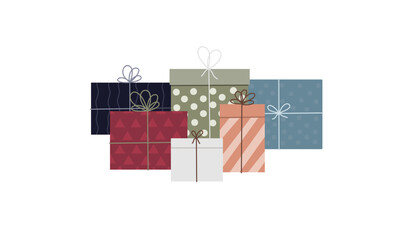 Fototapeta na wymiar Christmas hand drawn gifts. Birthday presents. Pile of colorful wrapped gift boxes. Vector illustration.
