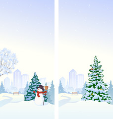 Vector illustration of a snowy city park, vertical banners set