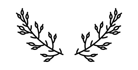 Doodle floral laurel. Hand drawn tree branches with leaves and flowers. illustration