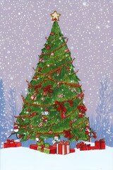 Obraz premium Christmas beautifully decorated tree in snow forest under Yellow Moon 3d render 3d illustration