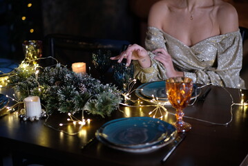 gorgeous, luxury, middle age, middle-aged, woman, dinner,table, glass, christmas, restaurant, home,   served, drink, hand, home, wine, people, beauty, dress, festive, crop, detail, dinner, restaurant,