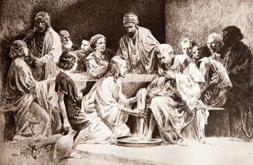 The lithography of Last Supper - The feet washing (begin of 20. cent.)