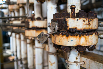 Close-up of corroded steel pipe, corrosion of steel, general corrosion, offshore petroleum pipelines.