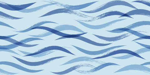 Seamless Wave Pattern, Blue wavy brush stroke. Hand drawn water sea vector background. curly paint lines, watercolor illustration