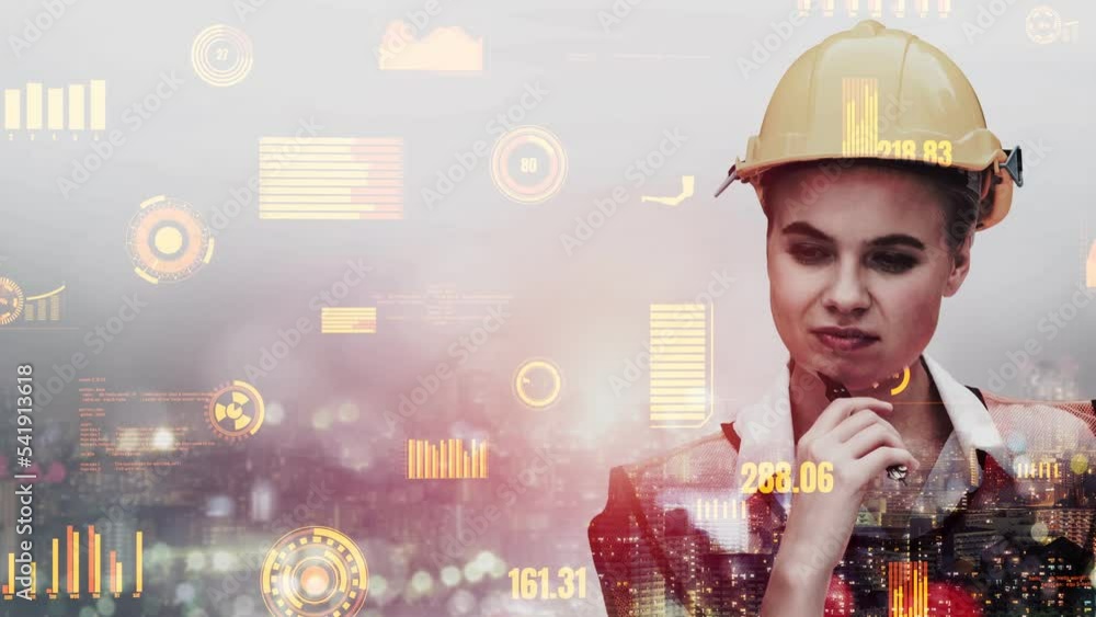 Poster future building construction and inventive engineering project concept with hud hologram graphic des
