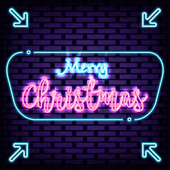 Merry Christmas Neon sign. Bright signboard. Light banner. Isolated on black background. Vector Illustration