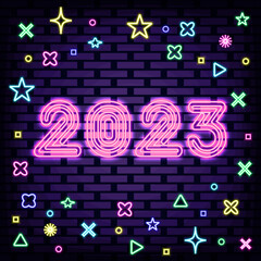2023 New Year Neon quote. Bright signboard. Light banner. Modern trend design. Vector Illustration