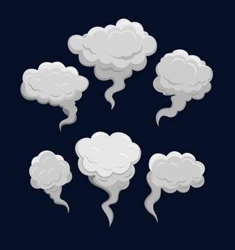 Set of stylized white clouds. Cartoon smoke or fog vector set. Smoke bubble comic, illustration of smoke after power explosion