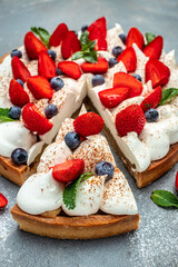 fresh fruit dessert. Strawberry shortcake tart pie pies, place for text, top view