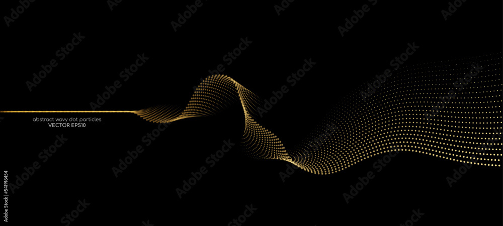 Poster flowing dots particles wave pattern gold light isolated on black background. vector in concept of te