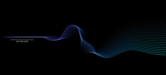 Flowing particles wave pattern blue and green gradient light isolated on black background. Vector in concept of AI technology, science, music.