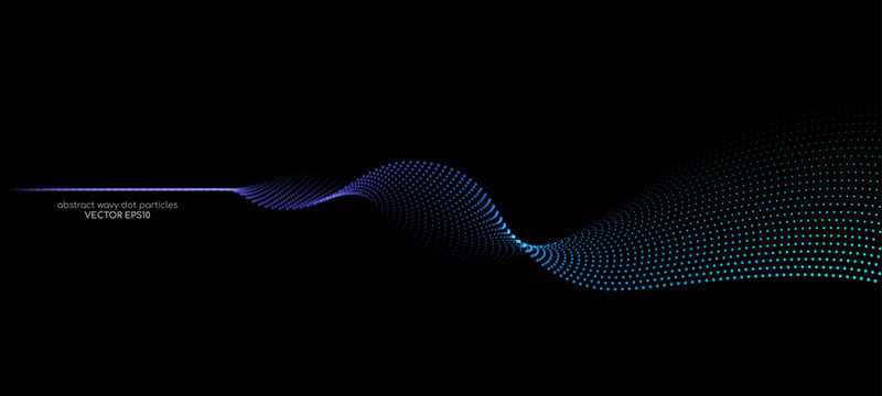 Flowing particles wave pattern blue and green gradient light isolated on black background. Vector in concept of AI technology, science, music.