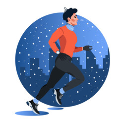 Vector illustration of a young man running during a snowfall against the background of a night city. Preparation for sports competitions. Sports, training, running, motivation. Flat style