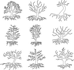 Fototapeta premium Old dark trees with roots, dead forest trees outline vector illustration