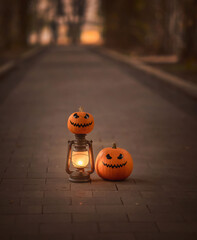 Two pumpkins and a lamp on a dark background. Autumn concept, harvest. Halloween. Fear. copy space.