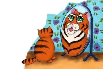 Juicy bright illustration for children's books. A kitten looking in the mirror sees a tiger in the reflection. Digital illustration for children.