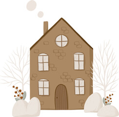 Winter composition Scandinavian house and Christmas trees illustration for design, print, pattern, isolated on a transparent background