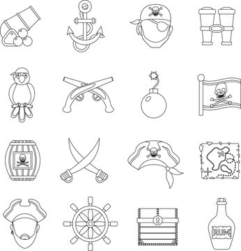 Pirate icons outline flat vector icon collection set