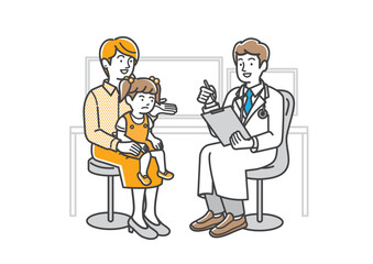 医者に診察を受ける幼女と母親のイラスト素材