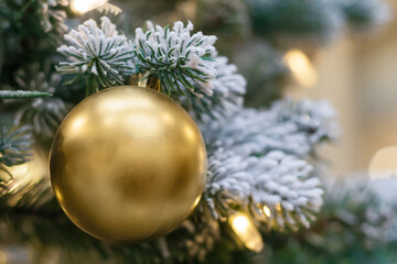 Christmas tree decorations with golden balls (close up)