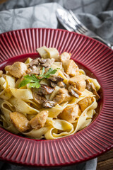 Tagliatelle pasta with forest mushrooms and chicken.