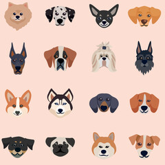 Purebred dogs faces flat vector icon collection set