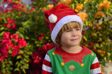 Cute boy in elf costume and Santa Claus hat. Emotions of a child, face grimaces. Blooming bougainvillea in the background. Christmas in the tropics. concept: a gift for the Christmas holidays - a trip