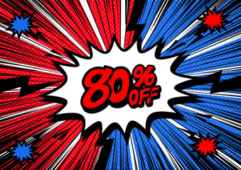 80 Percent OFF Discount on a Comics style bang shape background. Pop art comic discount promotion banners.	