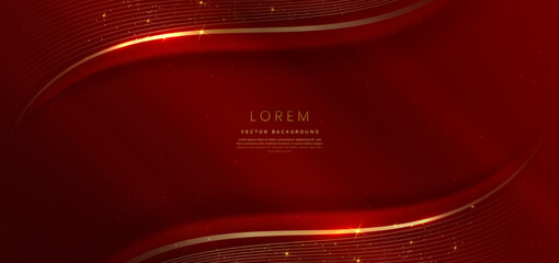 Abstract 3d gold curved red ribbon on red background with lighting effect and sparkle with copy space for text.