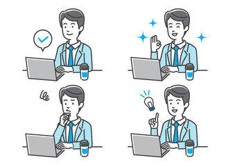 パソコンを操作する男性会社員の表情イラストセット
