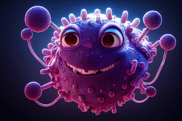 Character of a kind smiling coronavirus particle under a microscope.