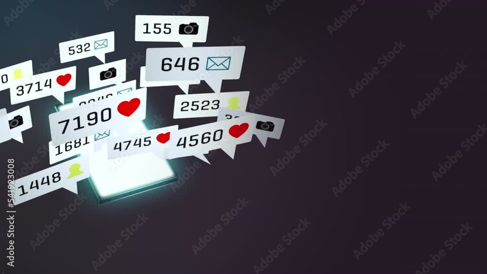 Poster glowing smartphone on table with social media symbols and view counters as background animation. spe