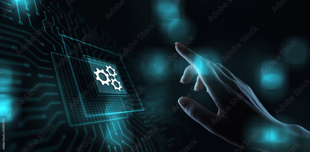 Poster gears mechanism on virtual screen. automation and business process flow. business and technology con