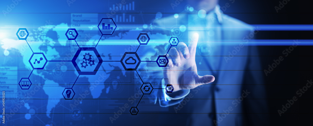 Poster automation and smart industry 4.0, internet of things, iot, gears and system structure on virtual sc