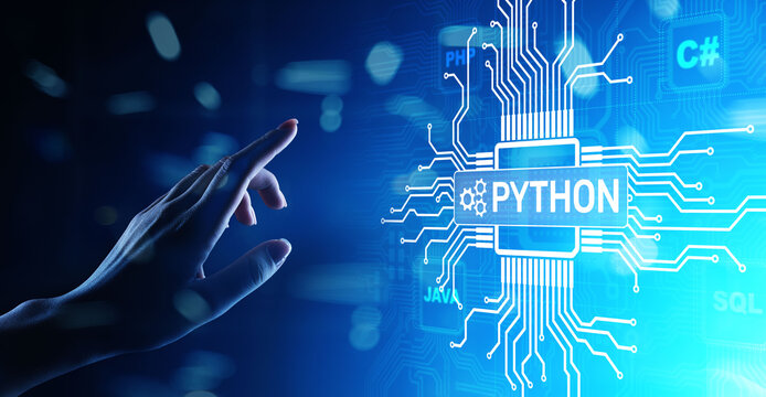 Python high-level programing language. Application and web development concept on virtual screen.