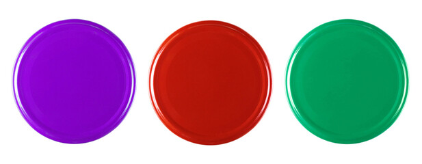 Set colorful jar lid isolated on white, top view