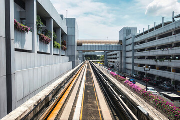 Fototapeta premium Electric skytrain airport link for passenger arrival to the next airport with running through the outside and parking building