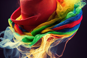 Red hat with colored scarf turning into colored smoke.
