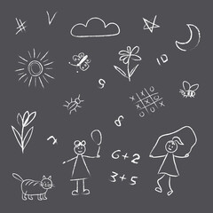 doodles are drawn by a child's hand with chalk on asphalt or on a school board. Simple drawings, children, game, cat, numbers, tic-tac-toe. White lines on a black and gray background