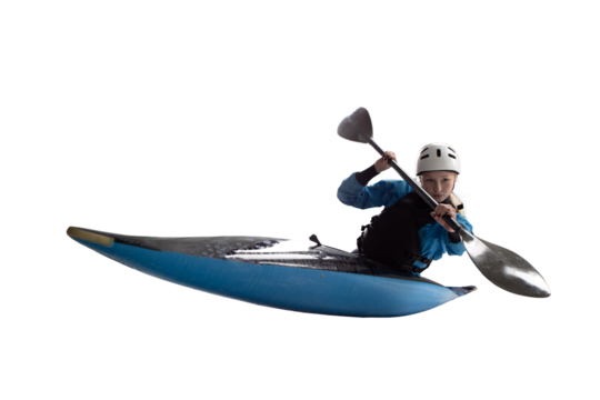 Woman in a kayak isolated on white